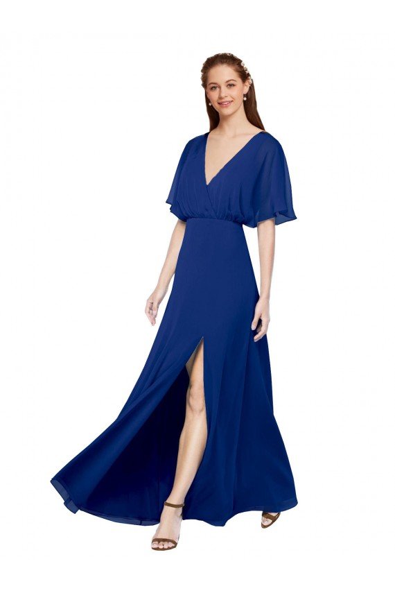 Affordable V-Neck Long Chiffon Bridesmaid Dress with Dolman Sleeved Bodice and Slit UK