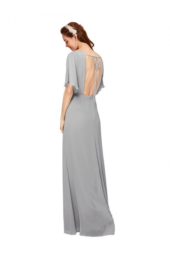 Affordable V-Neck Long Chiffon Bridesmaid Dress with Dolman Sleeved Bodice and Slit UK