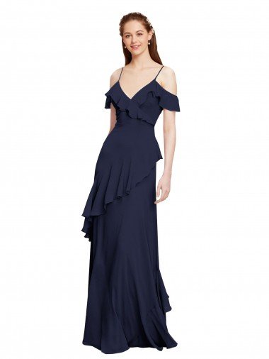 Affordable Cascading Ruffles Long Chiffon Bridesmaid Dress with Cold Shoulder UK