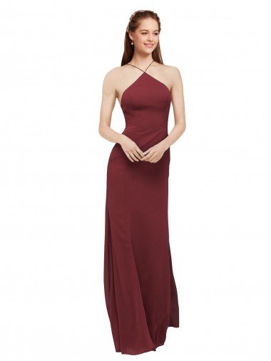 Affordable High Halter Neck Long Chiffon Bridesmaid Dress with Low Scoop Back UK