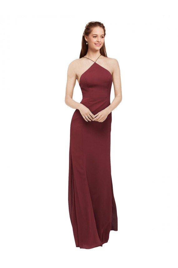 Affordable High Halter Neck Long Chiffon Bridesmaid Dress with Low Scoop Back UK