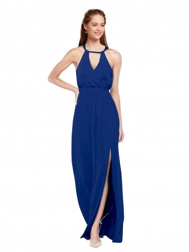 Affordable High Keyhole Neck Long Chiffon Bridesmaid Dress with Slit UK