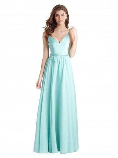 Affordable Long V-Neck Chiffon Bridesmaid Dress with Satin Bodice UK