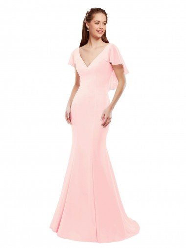 Affordable Fit and Flare Chiffon Bridesmaid Dress with V-Neck and Flutter Sleeves UK