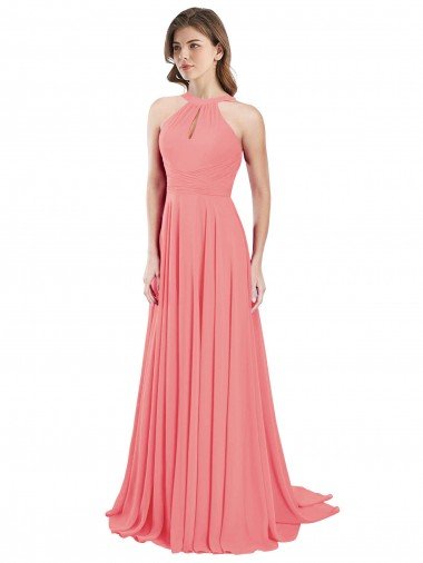 Affordable Draped A-Line Chiffon Bridesmaid Dress with Halter Keyhole Neckline UK