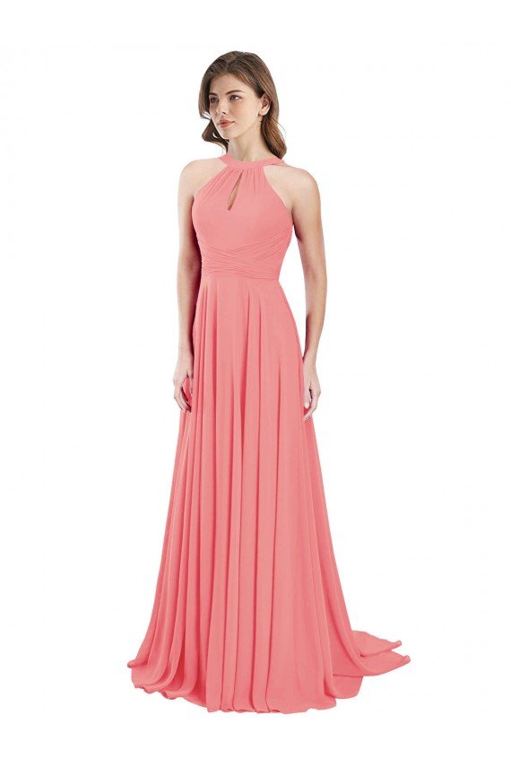 Affordable Draped A-Line Chiffon Bridesmaid Dress with Halter Keyhole Neckline UK