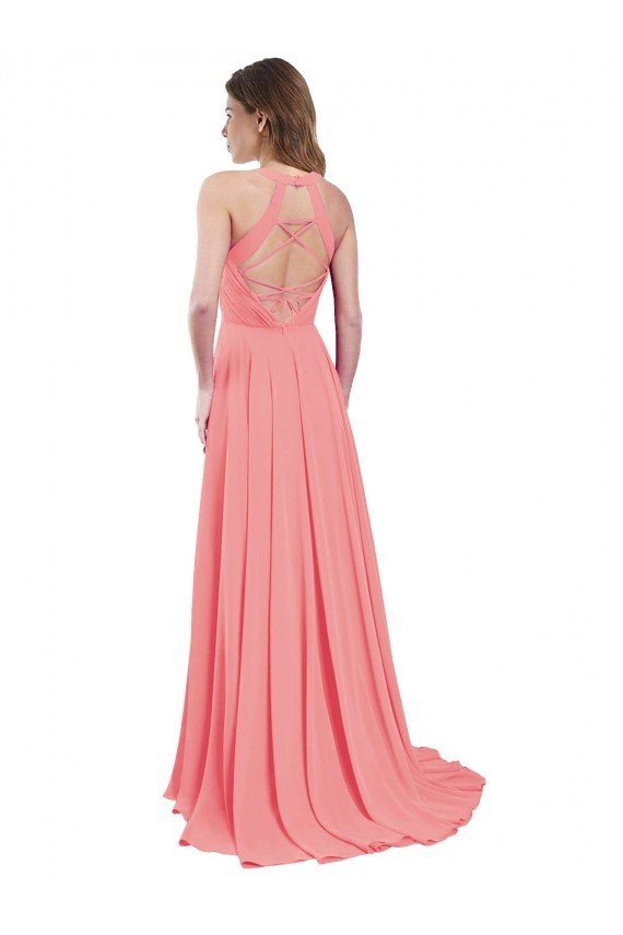 Affordable Draped A-Line Chiffon Bridesmaid Dress with Halter Keyhole Neckline UK