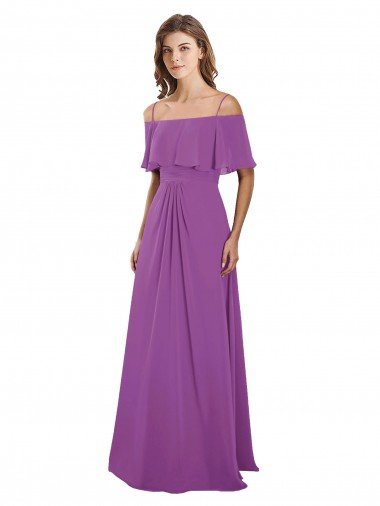 Affordable Draped Off The Shoulder Chiffon Bridesmaid Dress with Spaghetti Straps and Ruffled Neckline UK