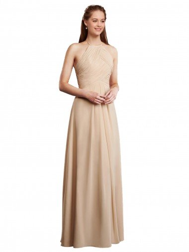 Affordable Draped Halter Neck Long Chiffon Bridesmaid Dress with Tie Back UK