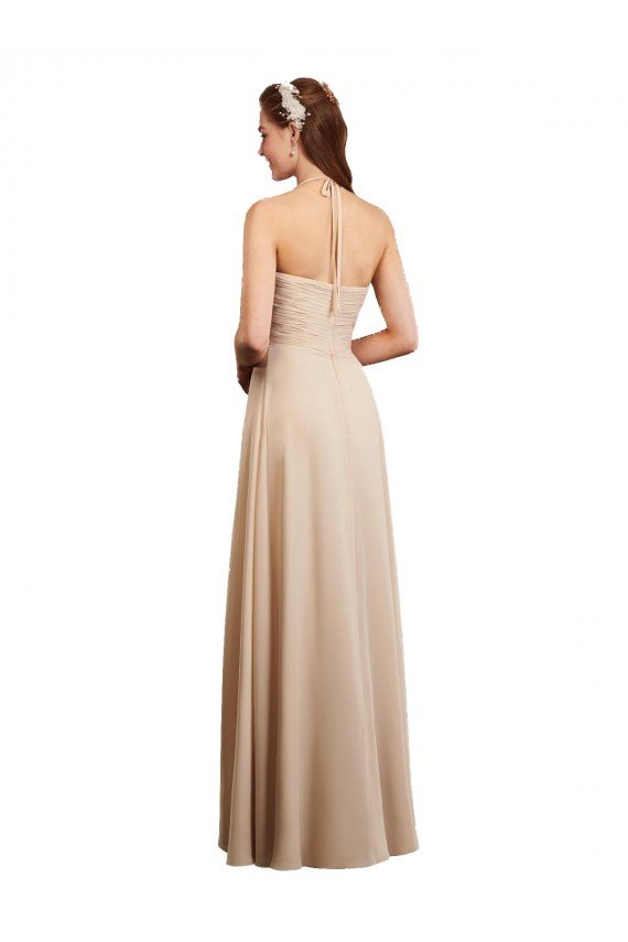 Affordable Draped Halter Neck Long Chiffon Bridesmaid Dress with Tie Back UK