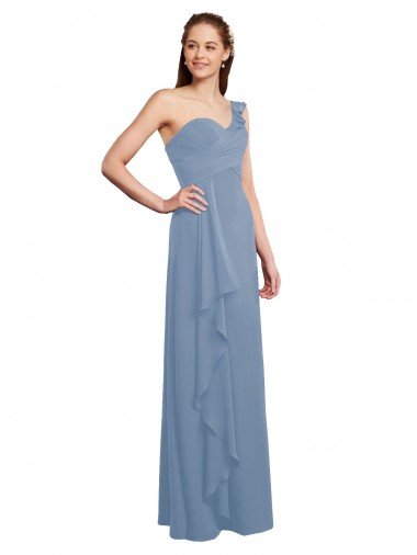 Affordable Single Shoulder Strap Long Chiffon Bridesmaid Dress with Cascading Ruffles UK