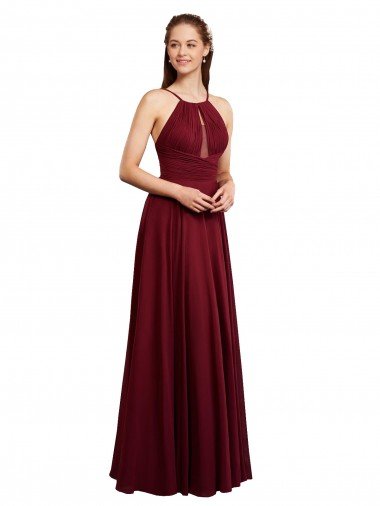 Affordable Long A-Line Halter Neck Chiffon Bridesmaid Dress with Draped Bodice UK