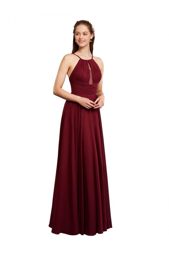 Affordable Long A-Line Halter Neck Chiffon Bridesmaid Dress with Draped Bodice UK