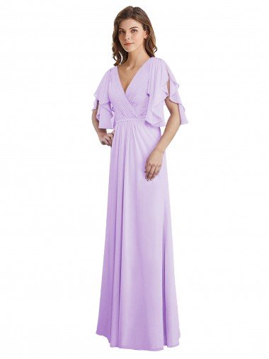 Affordable A-Line Draped Chiffon Bridesmaid Dress with V-Neck and Split Sleeves UK