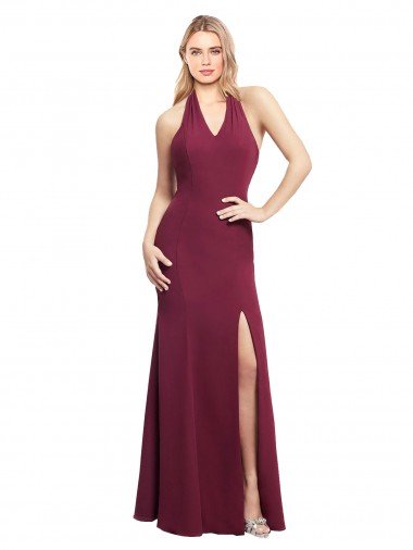 Affordable Chiffon Mermaid Bridesmaid Dress with Back Tie Halter Straps and Side Slit UK