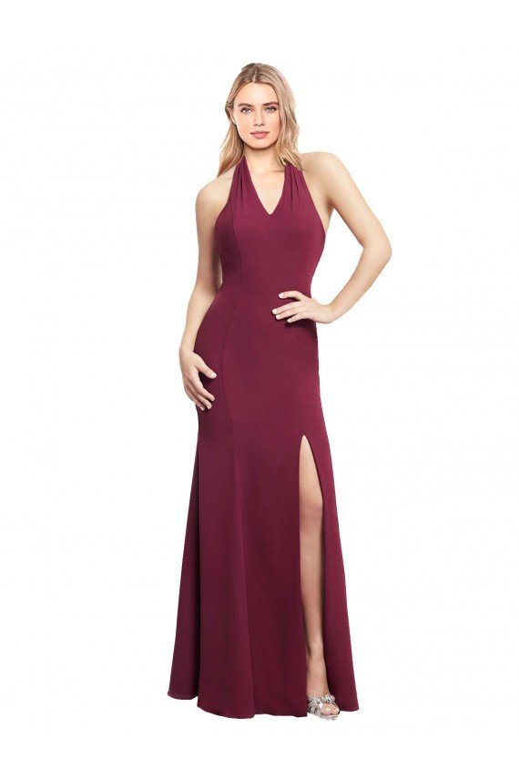 Affordable Chiffon Mermaid Bridesmaid Dress with Back Tie Halter Straps and Side Slit UK