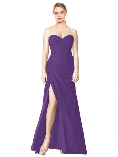 Affordable Strapless Chiffon Bridesmaid Dress with Pleated Wrap Bodice and Side Slit UK