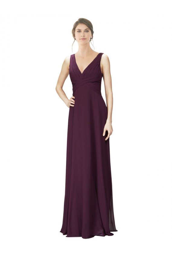 Affordable Long Chiffon Bridesmaid Dress with Ruched Criss Cross V-Neck Bodice UK