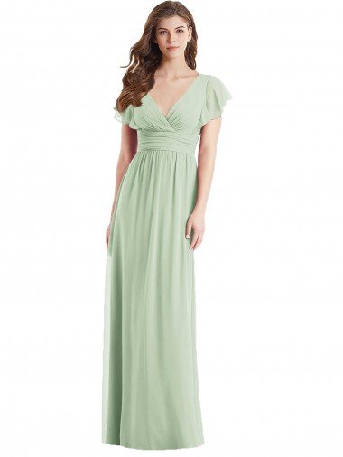 Affordable Flutter Sleeves Draped Wrap V-Neck Chiffon Bridesmaid Dress UK