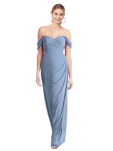 Affordable Full Length Draped Off the Shoulder Maxi Bridesmaid Dress with Shirred Streamer UK