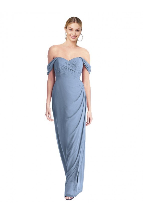 Affordable Full Length Draped Off the Shoulder Maxi Bridesmaid Dress with Shirred Streamer UK