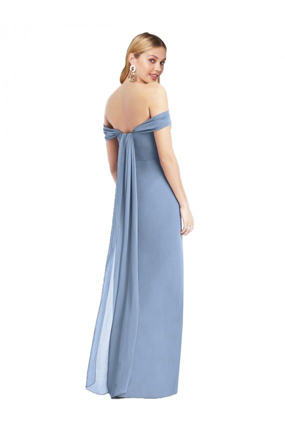 Affordable Full Length Draped Off the Shoulder Maxi Bridesmaid Dress with Shirred Streamer UK