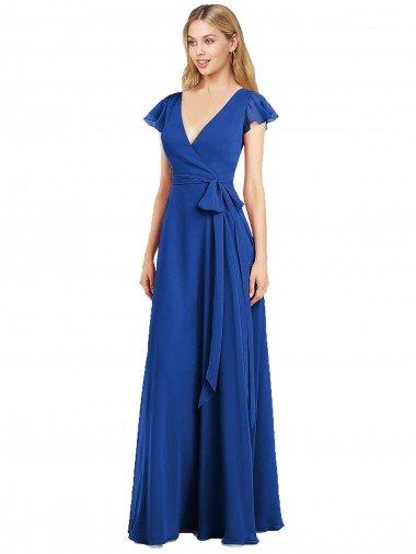 Affordable Flutter Sleeves Faux Wrap Chiffon Bridesmaid Dress UK