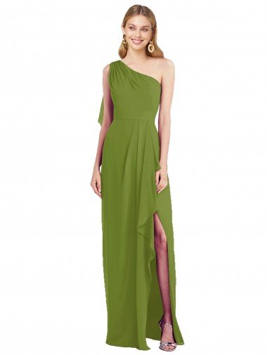 Affordable One Shoulder Chiffon Bridesmaid Dress with Draped Front Slit UK