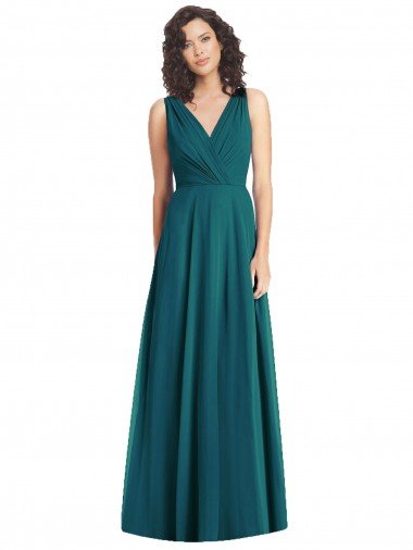 Affordable Draped V-Neck Long Sleeveless Chiffon Bridesmaid Dress UK