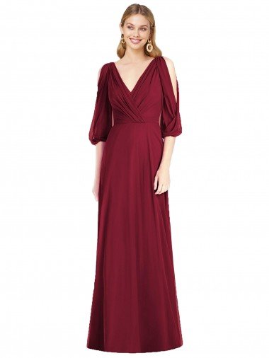 Affordable Draped V-Neck Bell Sleeves V-Back Chiffon Bridesmaid Dress UK