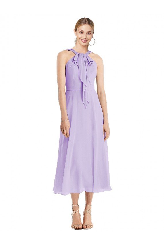 Affordable Midi Length Halter Plunging V-Back Chiffon Bridesmaid Dress / Cocktail Dress UK