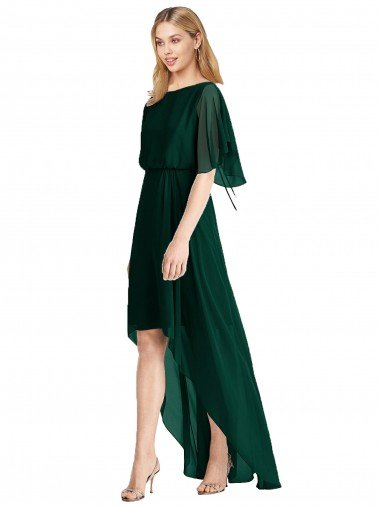 Affordable Plunging V Back Flutter Sleeves Cocktail Length Chiffon Bridesmaid Dress UK