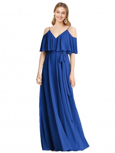 Affordable Spaghetti Straps V-Neck Chiffon Bridesmaid Dress with Sash Tie UK