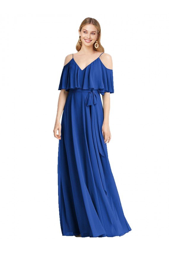 Affordable Spaghetti Straps V-Neck Chiffon Bridesmaid Dress with Sash Tie UK