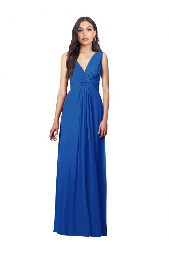 Affordable Draped V-Neck Shirred Chiffon Maxi Bridesmaid Dress UK