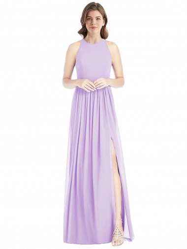 Affordable Shirred Skirt Jewel Neck Halter Chiffon Bridesmaid Dress with Front Slit UK