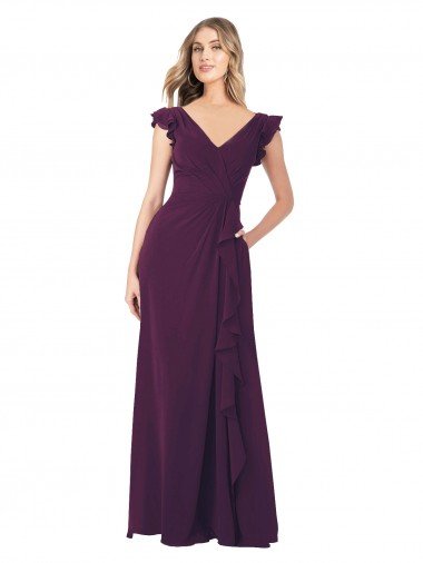 Affordable Ruffle Cap Sleeves Long Chiffon Bridesmaid Dress UK