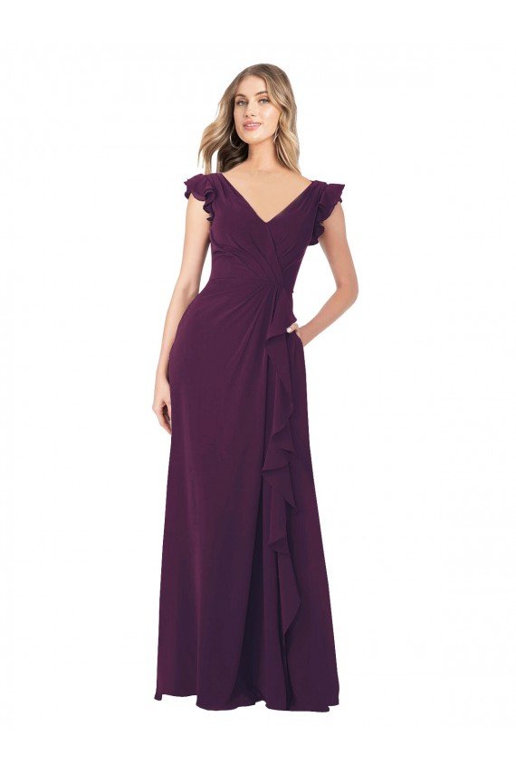 Affordable Ruffle Cap Sleeves Long Chiffon Bridesmaid Dress UK