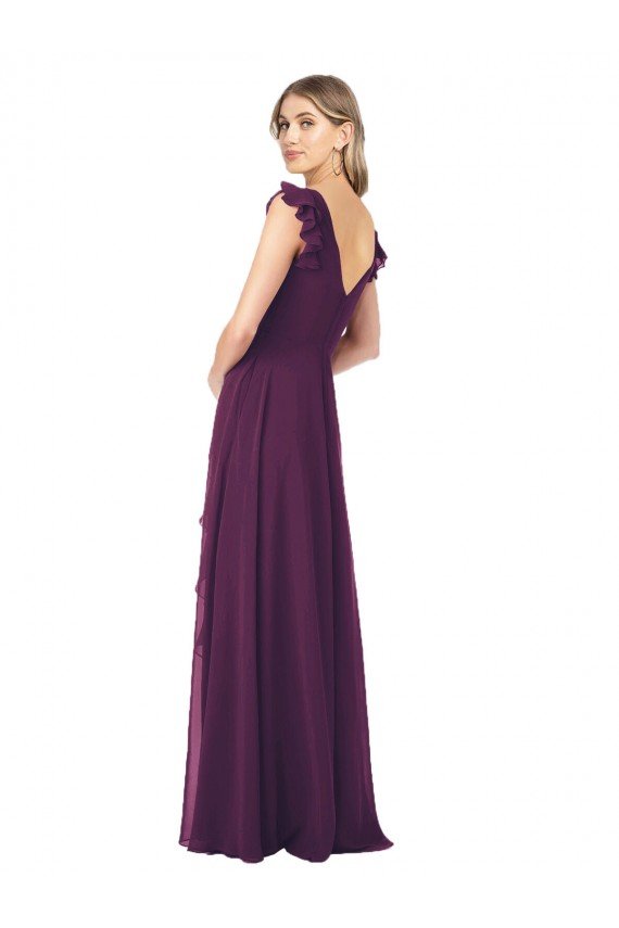 Affordable Ruffle Cap Sleeves Long Chiffon Bridesmaid Dress UK