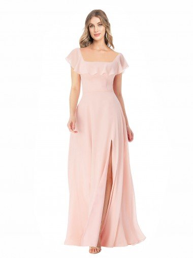 Affordable Flutter Cap Sleeves Square Neck Ruffle Chiffon Bridesmaid Dress UK