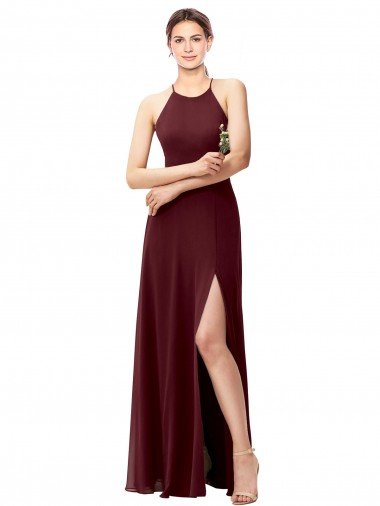 Affordable Slim Long High Halter Neck Chiffon Bridesmaid Dress with High Side Slit UK