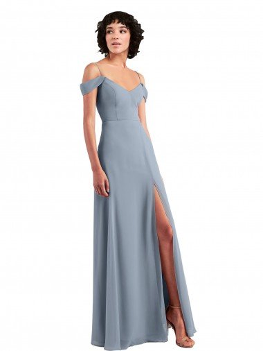 Affordable Off the Shoulder Folded Sleeve Long Chiffon Bridesmaid Dress with High Side Slit UK