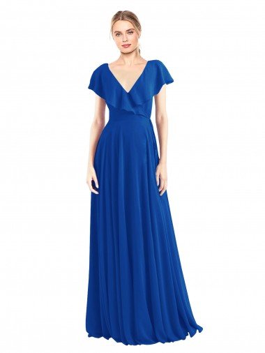 Affordable V-Neck A-Line Flutter Sleeves Long Chiffon Wrap Style Bridesmaid Dress UK