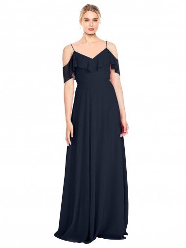 Affordable Draped Sleeves Flounce Neckline Long Chiffon Bridesmaid Dress with Spaghetti Straps UK