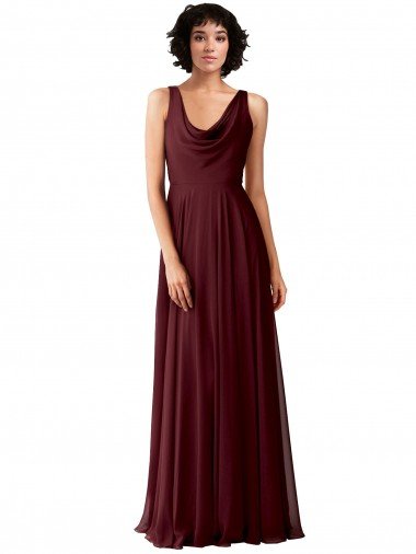 Affordable Draped Cowl Neck Long Chiffon Bridesmaid Dress with Wide Straps UK