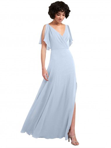 Affordable Split Flutter Sleeves V-Neck Chiffon Bridesmaid Dress with Open V-Back UK