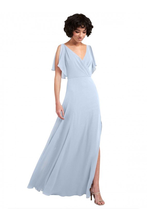 Affordable Split Flutter Sleeves V-Neck Chiffon Bridesmaid Dress with Open V-Back UK