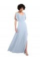 Affordable Split Flutter Sleeves V-Neck Chiffon Bridesmaid Dress with Open V-Back UK