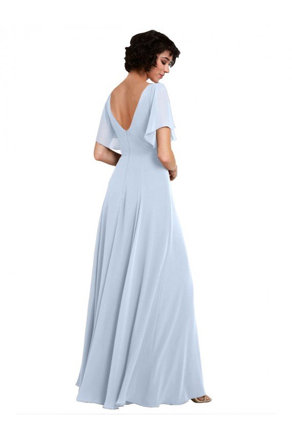 Affordable Split Flutter Sleeves V-Neck Chiffon Bridesmaid Dress with Open V-Back UK