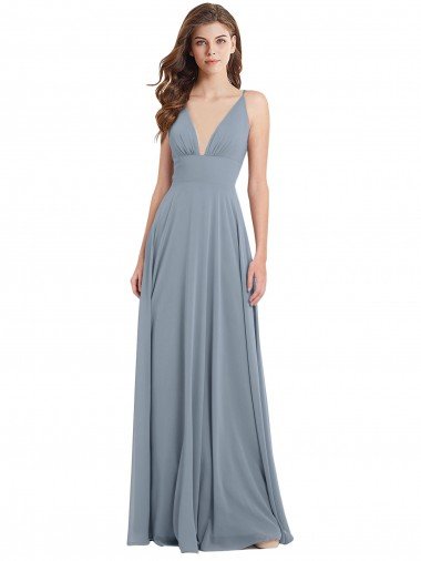 Affordable Fitted V-Neckline Long Chiffon Bridesmaid Dress with V-Back UK